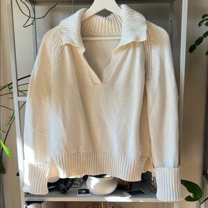 Cream V-Neck Collared Knit Sweater - Women